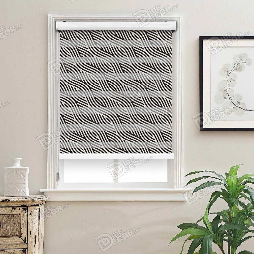پرده زبرا چاپی طرح دار کد ZMP-620 با خطوط مورب موج دار به رنگ سیاه و سفید