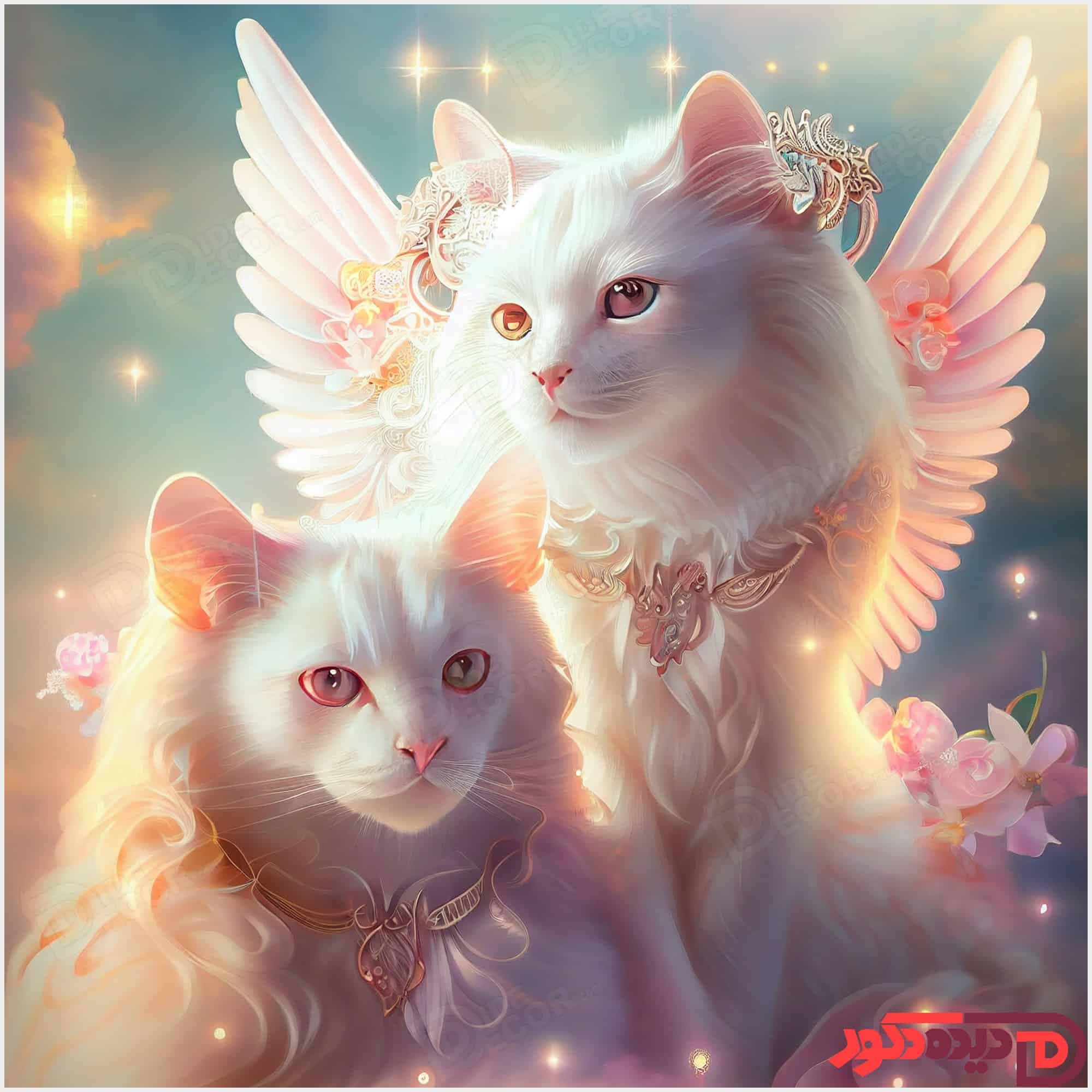 عکس فانتزی پرده زبرا تصویری حیوان فرشته گربه بالدار گلبهی سفید کد angel-cat