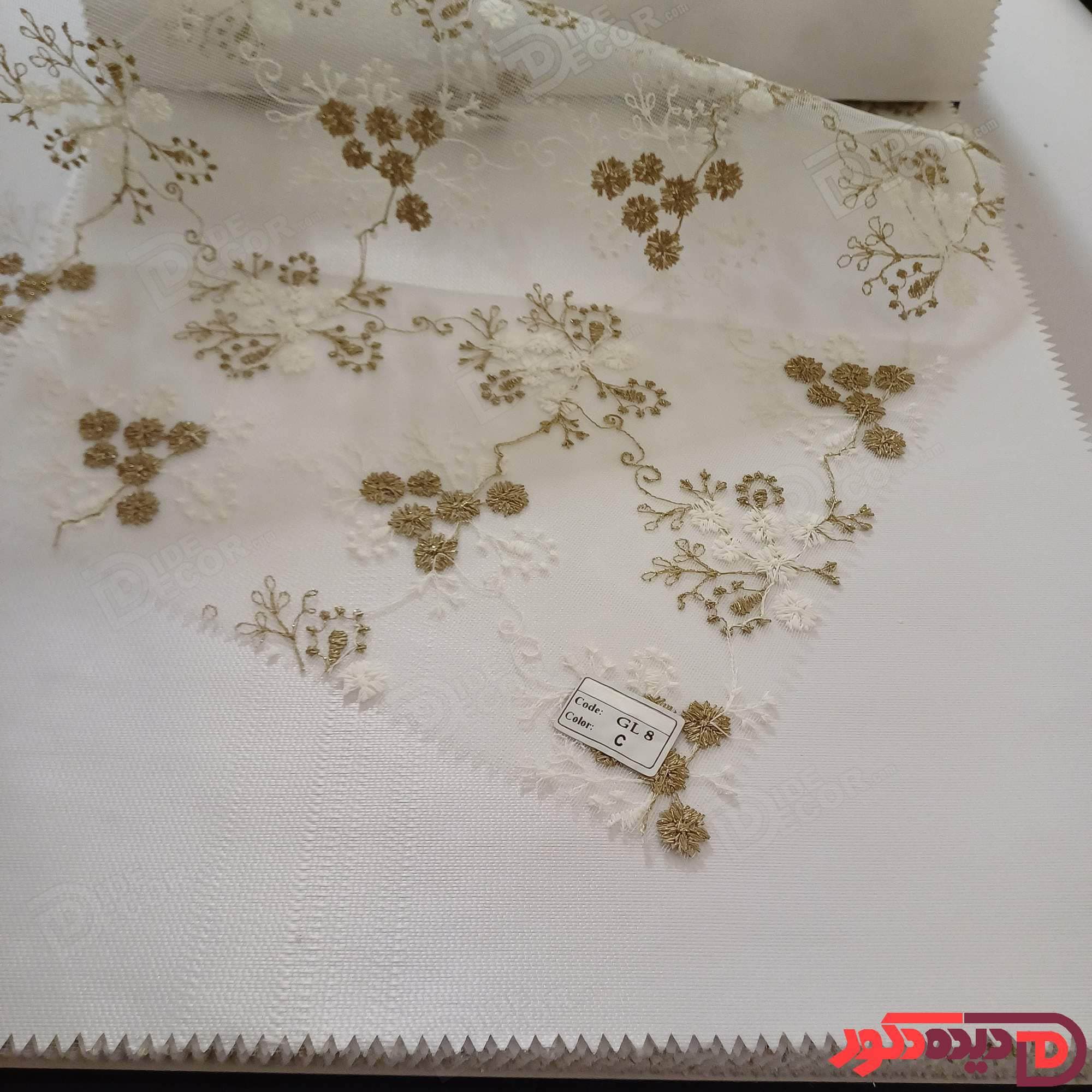 پرده شب و روز گل‌دوزی برجسته طلایی سفید کد GL8C
