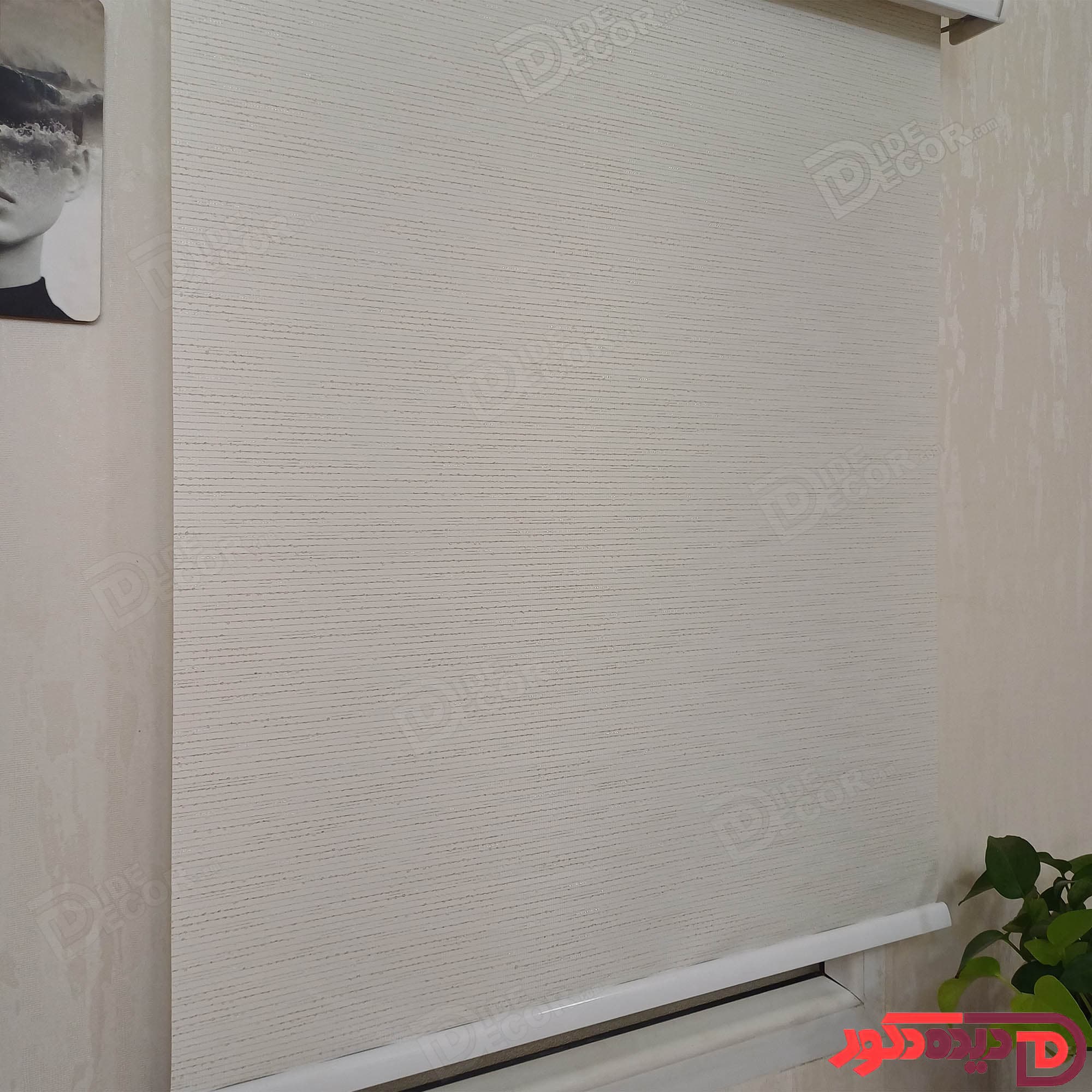 پرده شید سفید شیری با خطوط کرم و سیم دوزی نقره ای کد B-1014-01