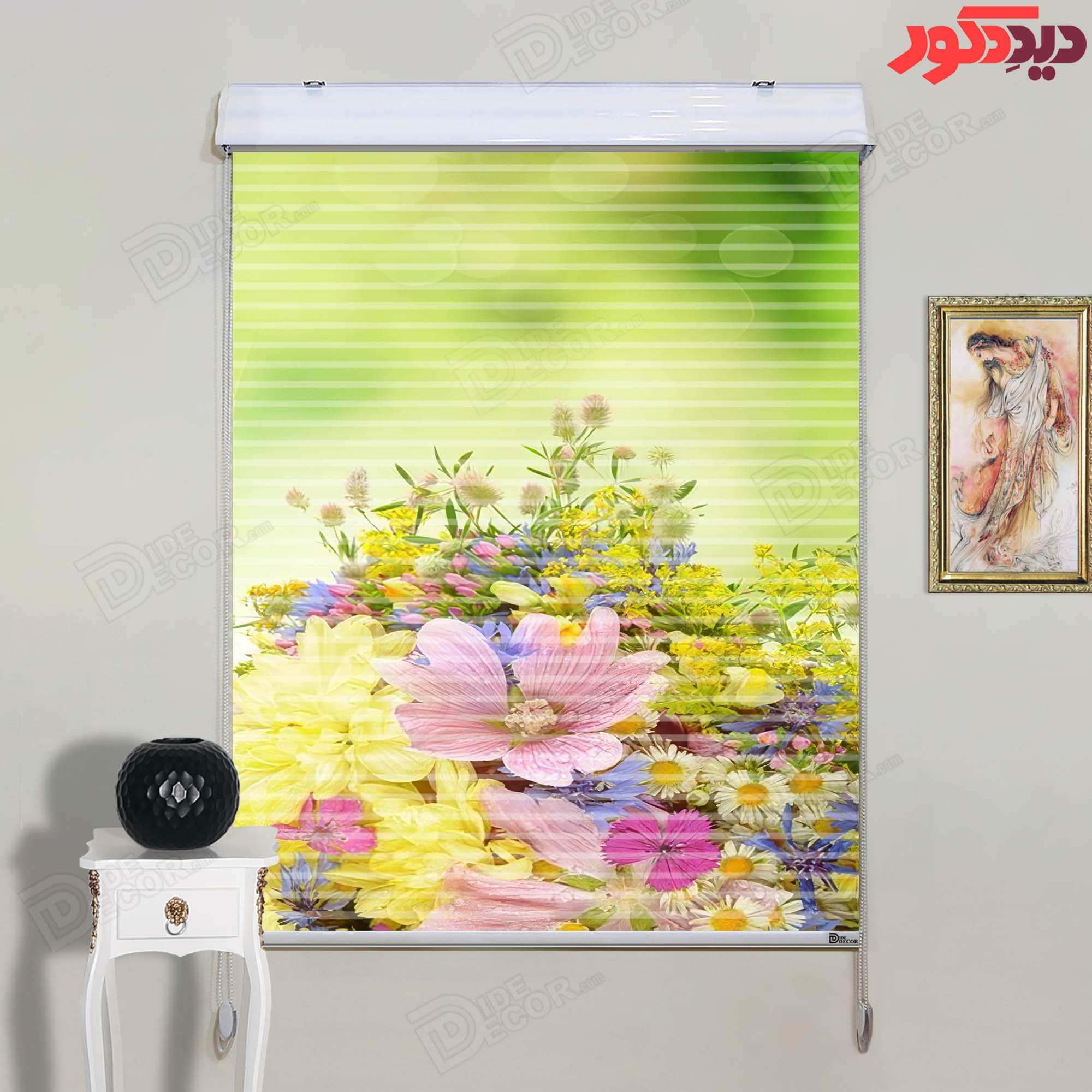 پرده زبرا دومکانیزم تصویری طرح گل رنگارنگ کد AZD-101
