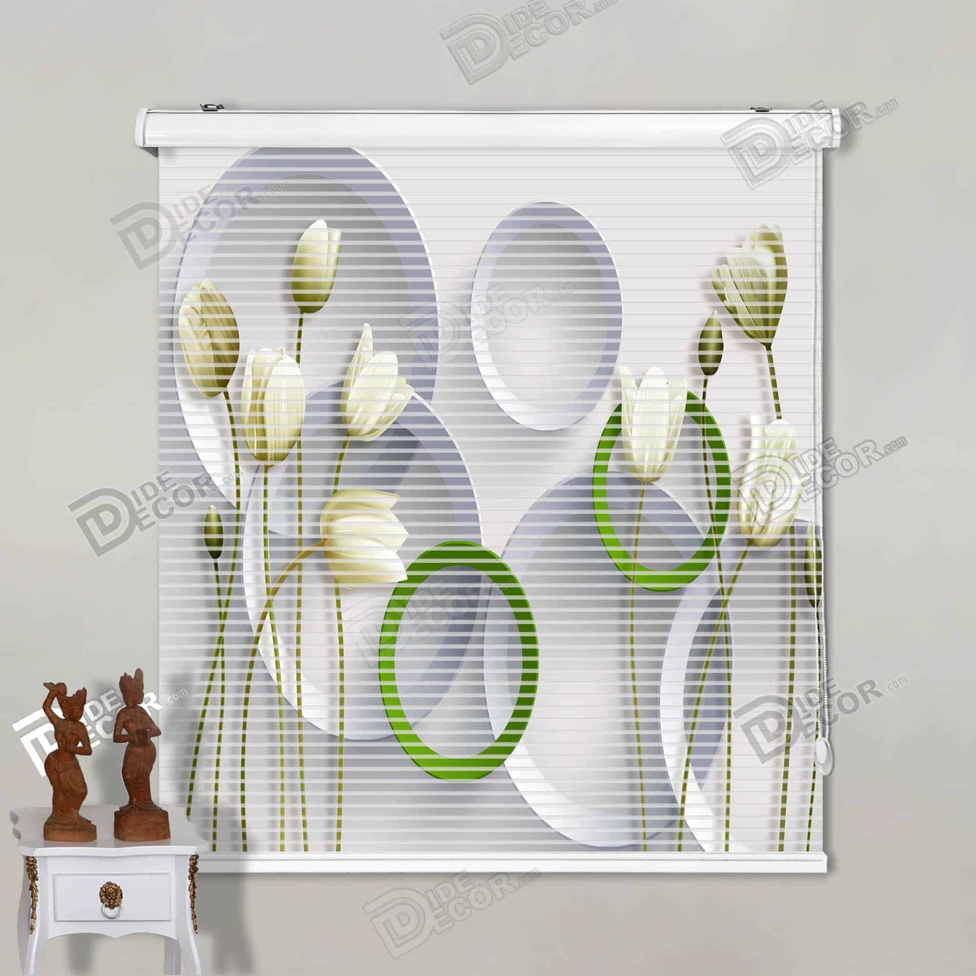 پرده زبرا تصویری لاله سفید حلقه سبز کد 3df-038