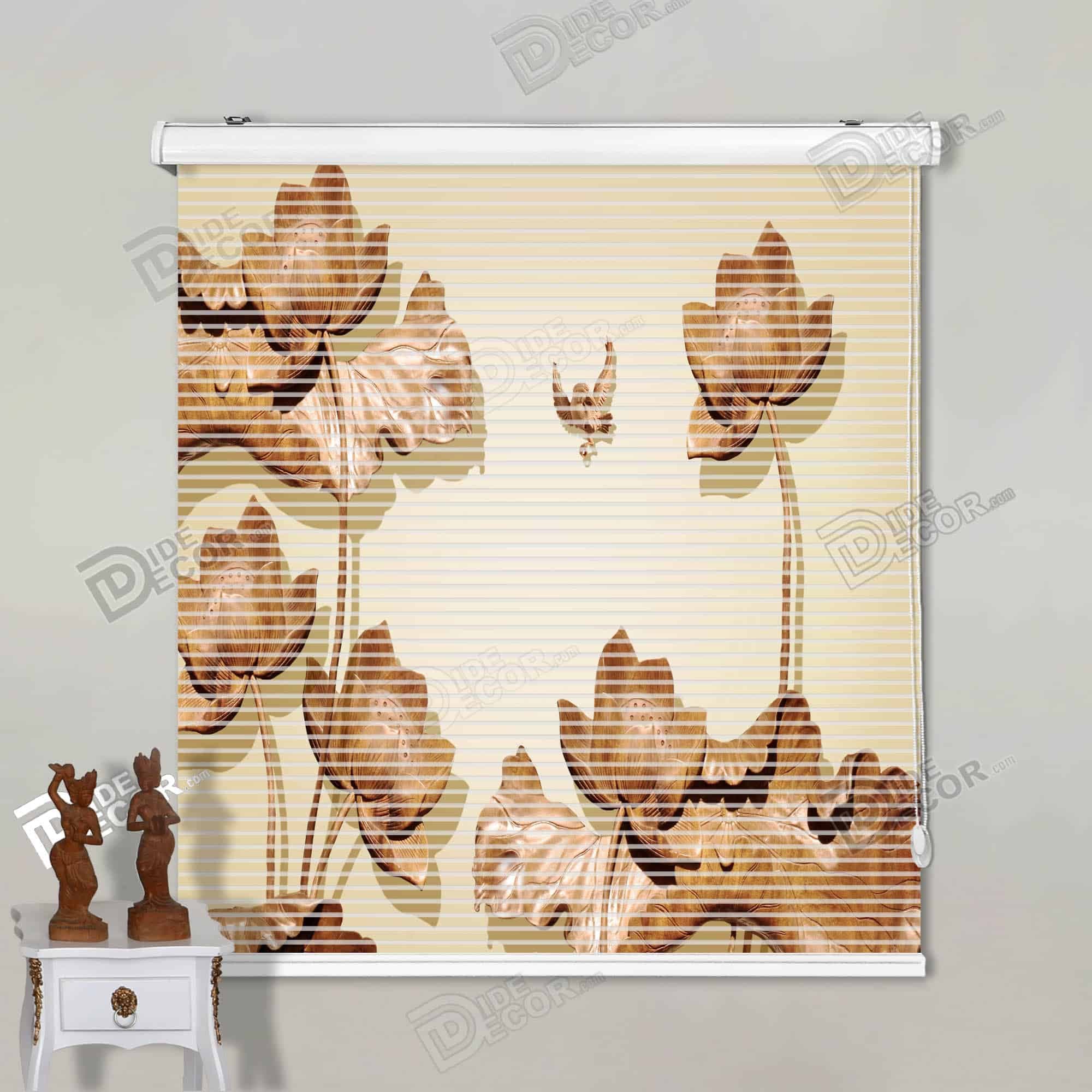 پرده زبرا تصویری گل نیلوفر و کبوتر قهوه‌ای کد 3df-046