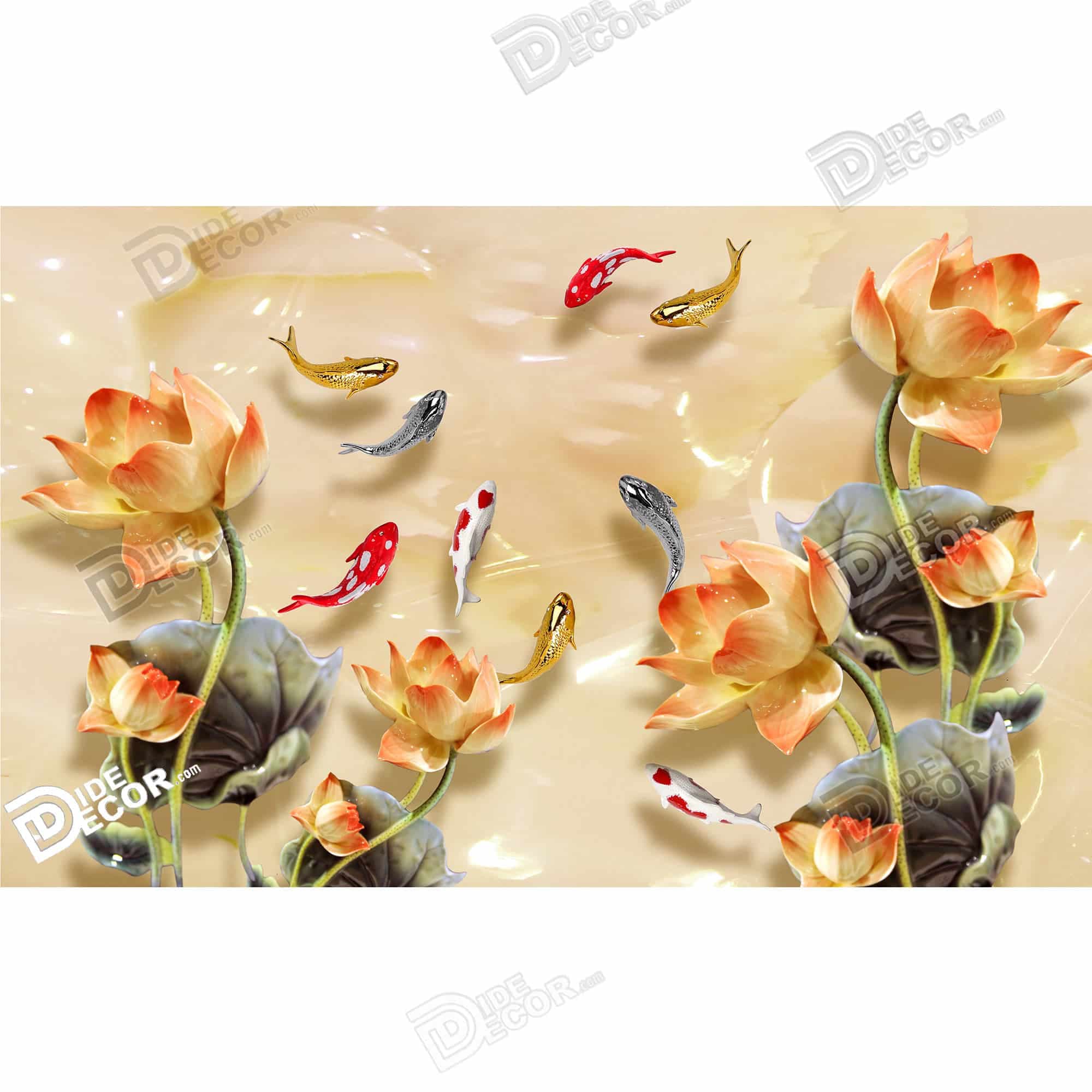 پرده زبرا تصویری کد 3df-054 - طراحی هنری با گل لوتوس یا نیلوفر آبی و ماهی قرمز پس زمینه ای لطیف با رنگ نارنجی و کرم که حس آرامش و زیبایی طبیعی را القا میکند.