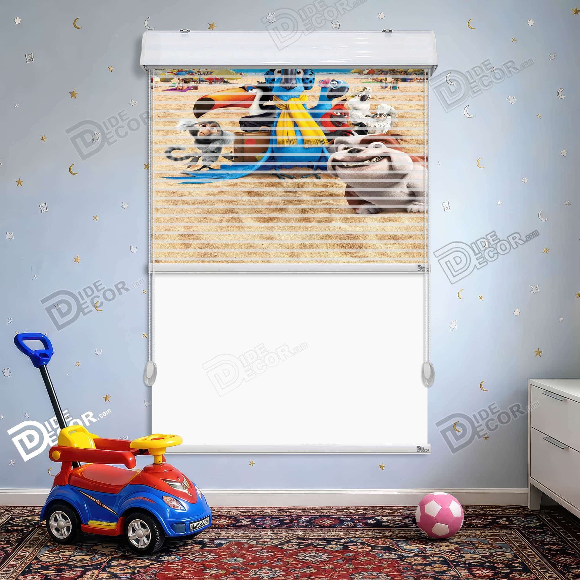 پرده زبرا دومکانیزم طرح کودک کد kd-032 - شخصیت های انیمیشن رنگ های خاکی و آبی.