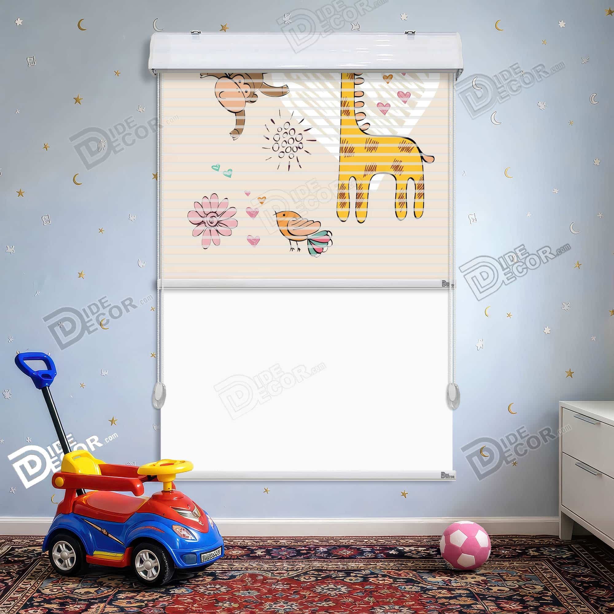 پرده زبرا دومکانیزم طرح کودک کد kd-082 - طرح زرافه و گل با رنگهای نارنجی و صورتی.