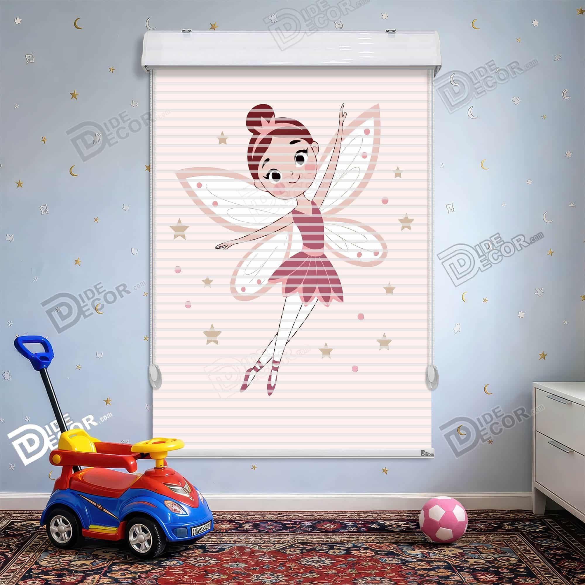 پرده زبرا دومکانیزم طرح کودک کد kd-088 - پری صورتی در حال رقص و ستاره های زرد بر روی پرده ای با زمینه کرم.