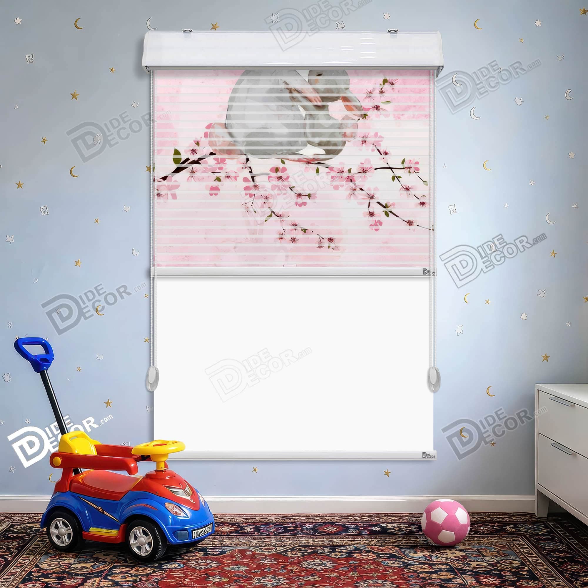 پرده زبرا دومکانیزم طرح کودک کد kd-099 - خرگوش موشکاقلم رنگ صورتی صورتی روشن.