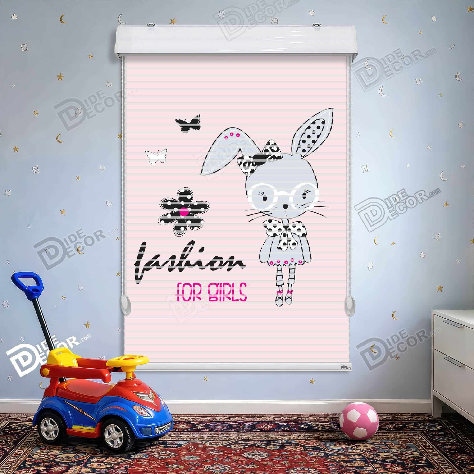 پرده زبرا دومکانیزم طرح کودک کد kd-101 - پرده زبرا کودک با طرح گوش خرگوش و پروانه به رنگ صورتی و مشکی.