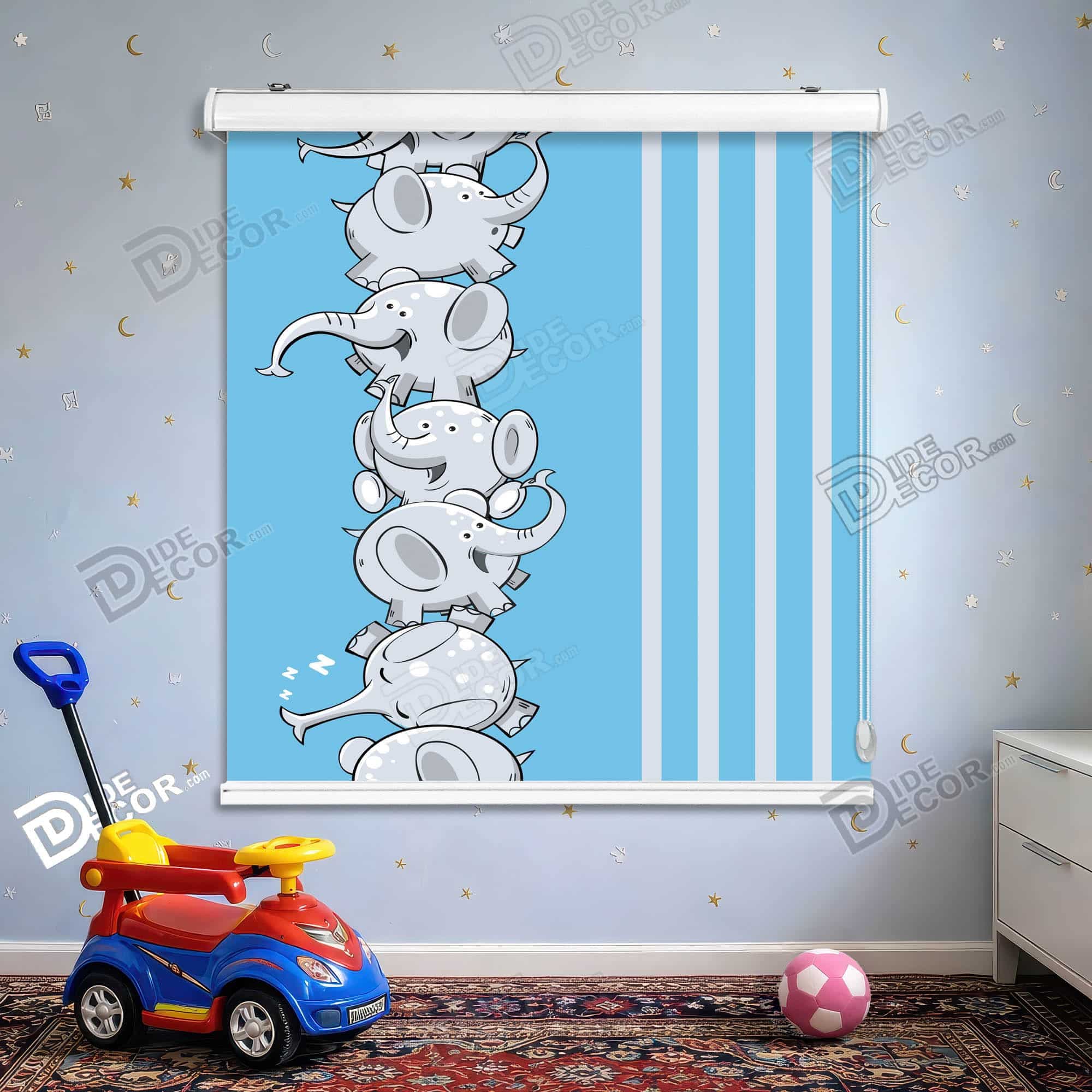 پرده شید طرح کودک کد sk-005 - فیل کارتونی خوابیده با راه راه عمودی آبی سفید.