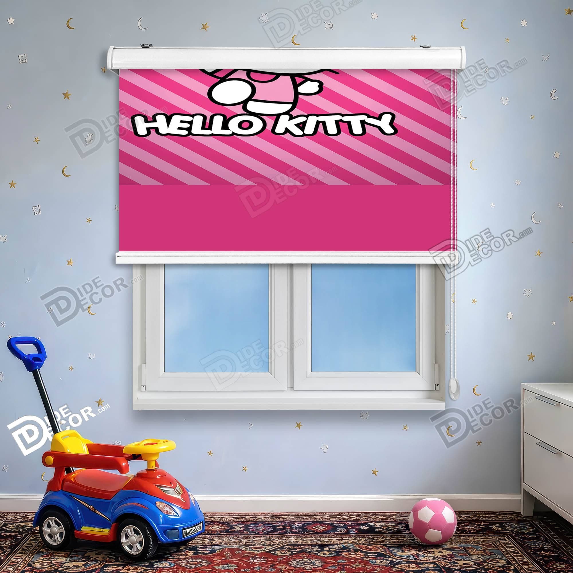 پرده شید طرح کودک کد sk-035 - شخصیت Hello Kitty با رنگ صورتی سفید.