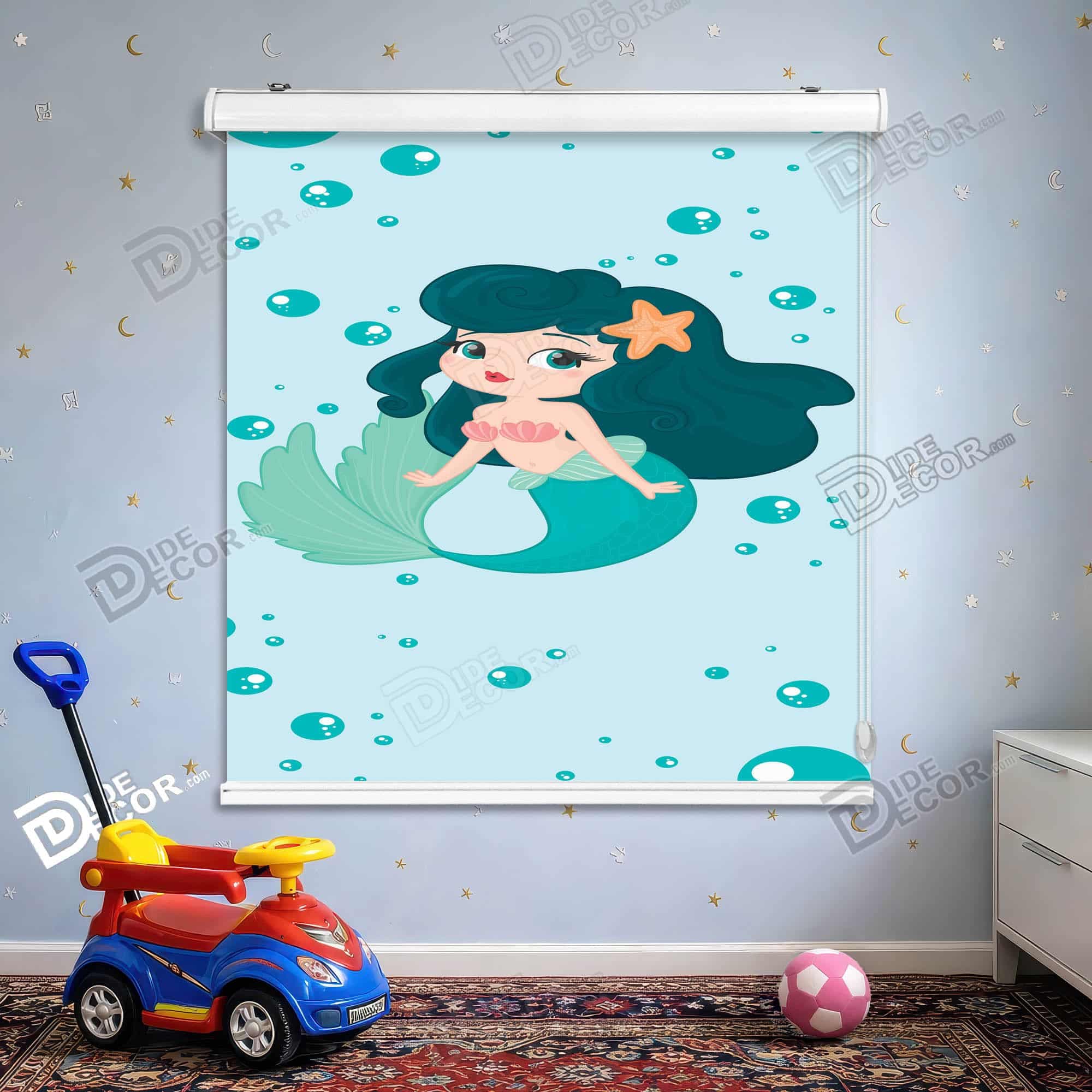 پرده شید طرح کودک کد sk-050 - پری دریایی کارتونی ستاره دریایی فیروزه ای صورتی.