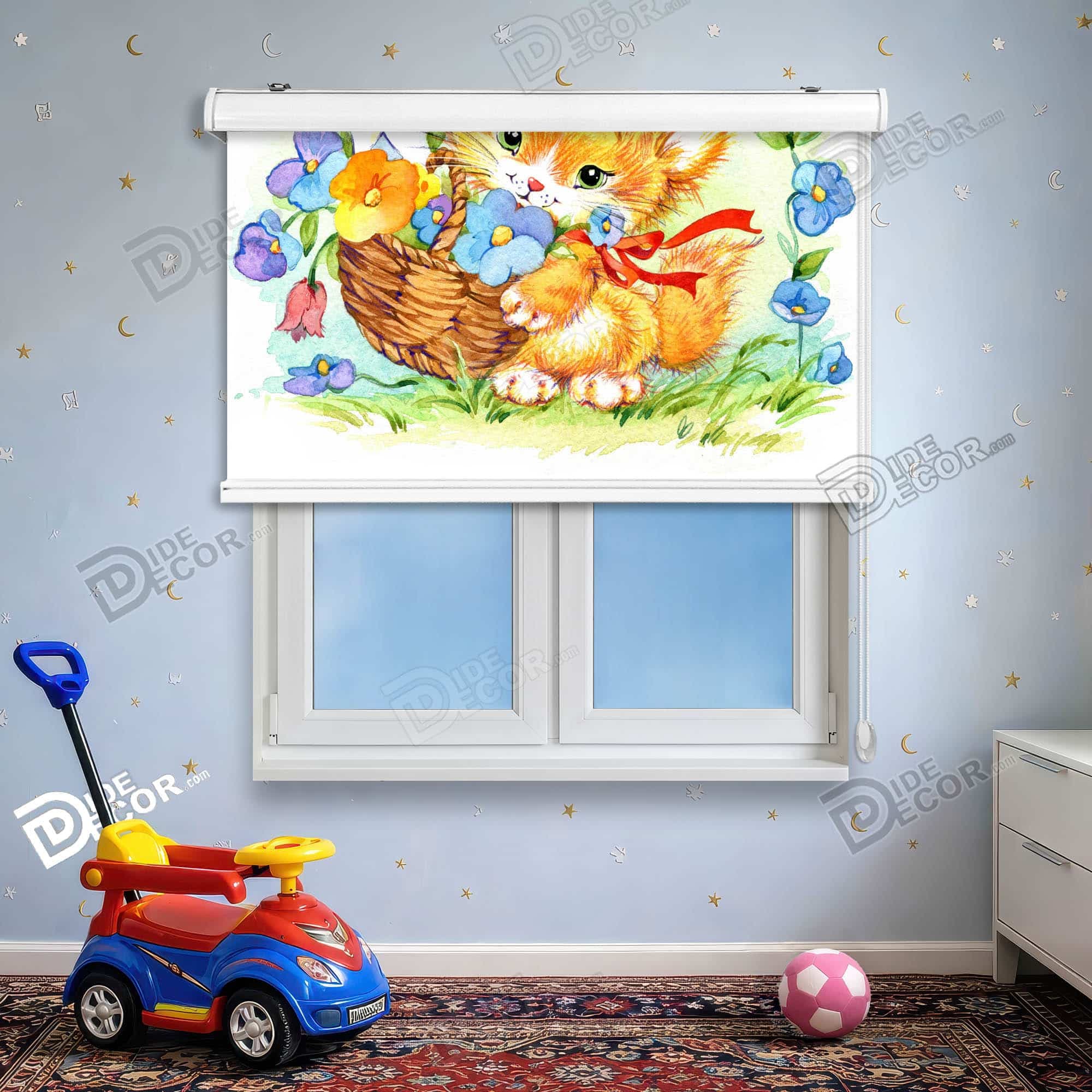 پرده شید طرح کودک کد sk-057 - بچه گربه سبد گل بنفشه نارنجی آبی.