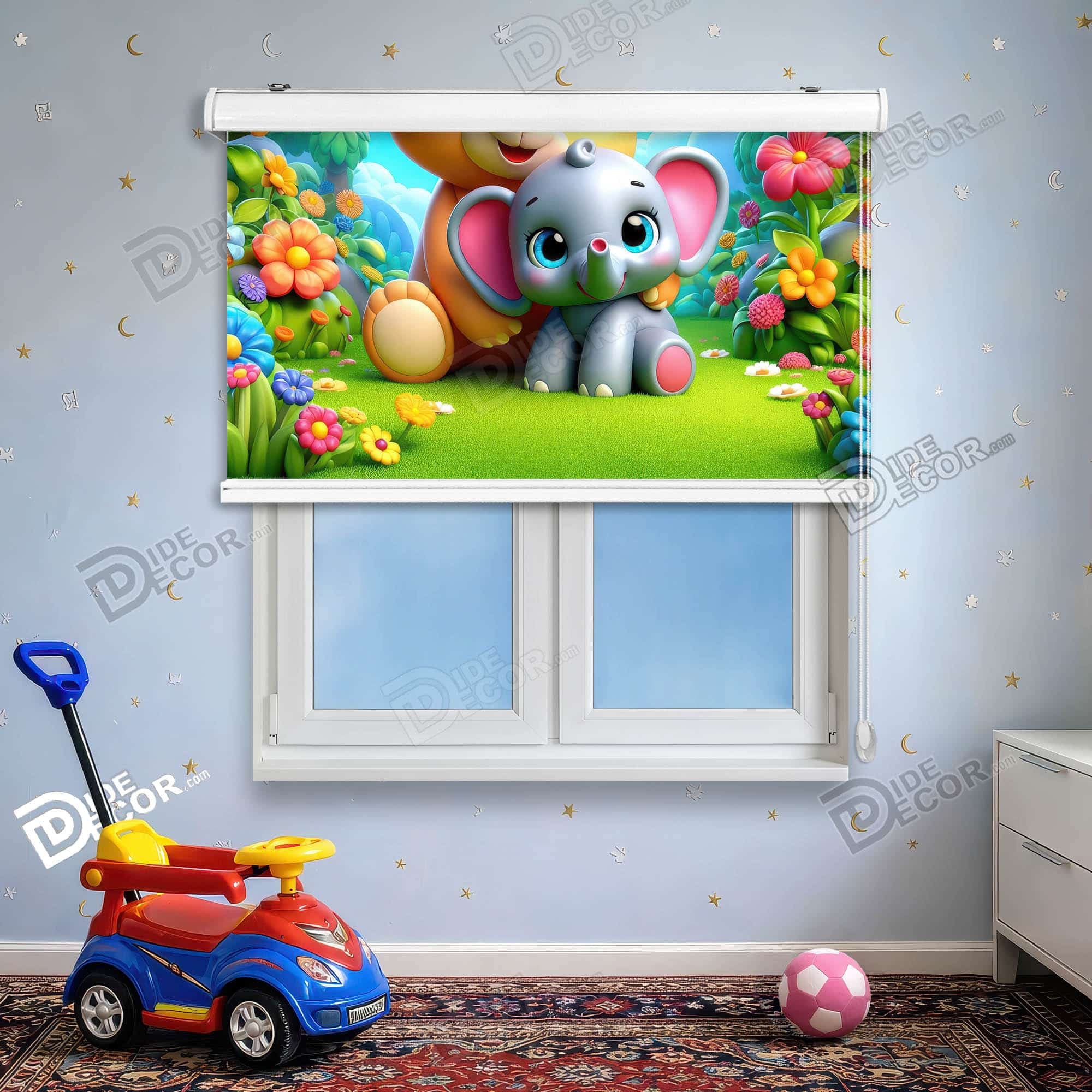 پرده شید طرح کودک کد sk-058 - فیل کارتونی و خرس عروسکی در باغ گل لاله سبز و صورتی.