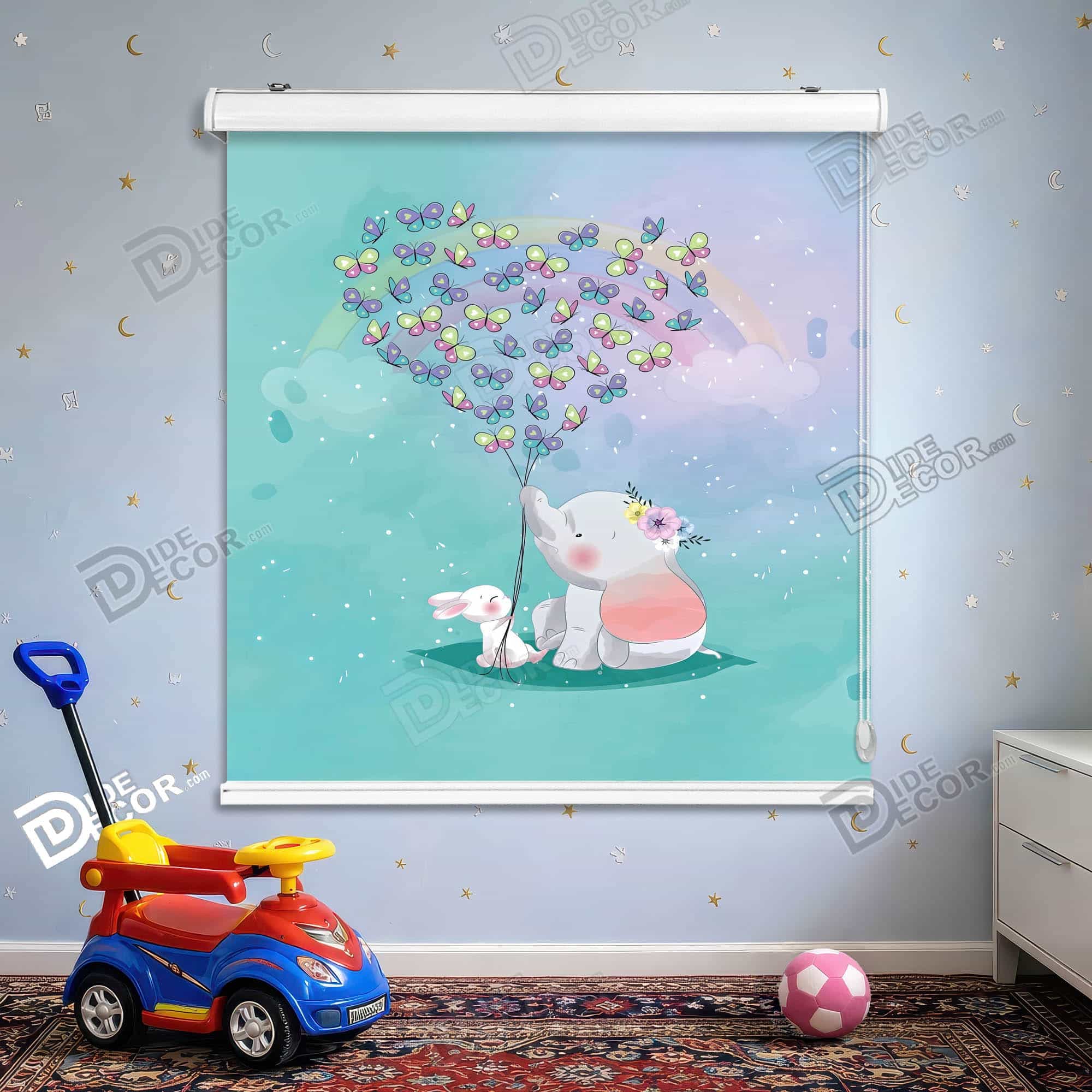 پرده شید طرح کودک کد sk-090 - فیل خرگوش پروانه ها رنگ فیروزه ای صورتی.