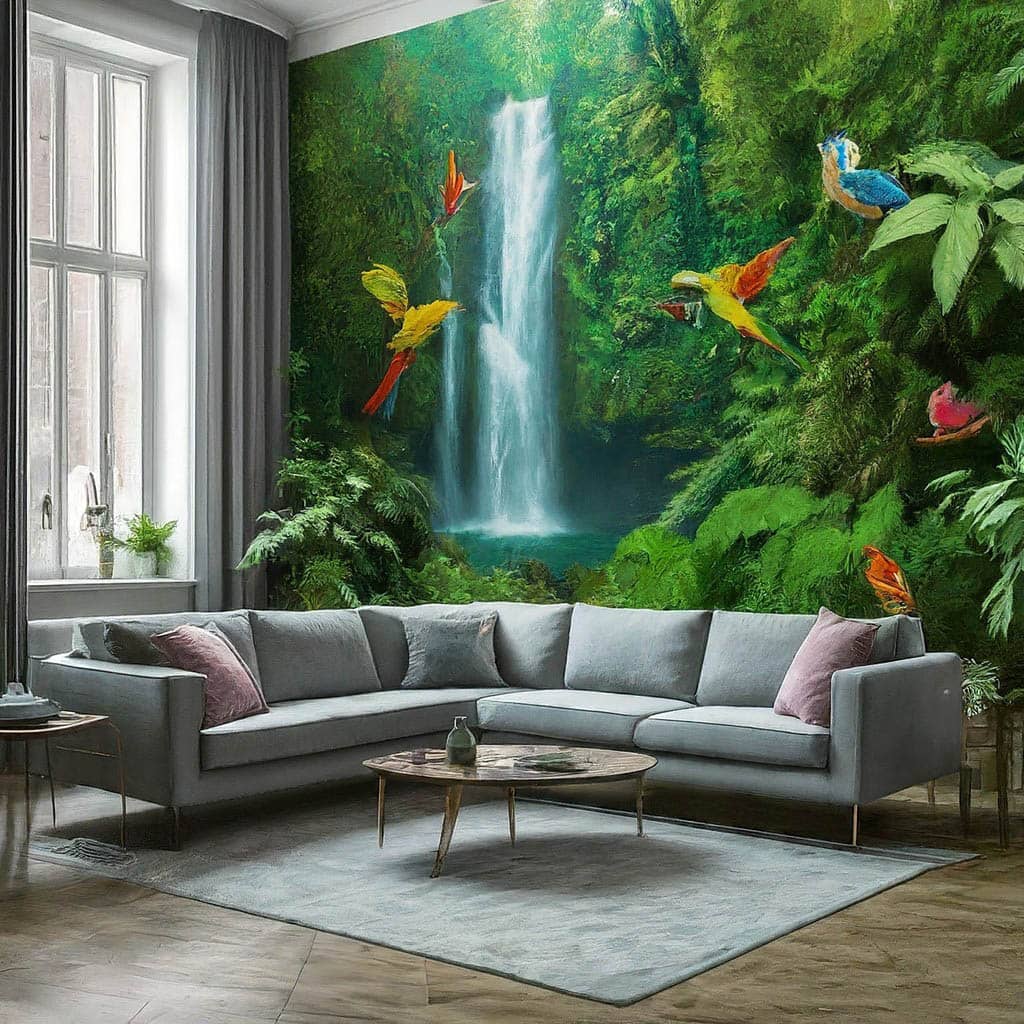 کاغذ دیواری سه بعدی آبشار و پرنده