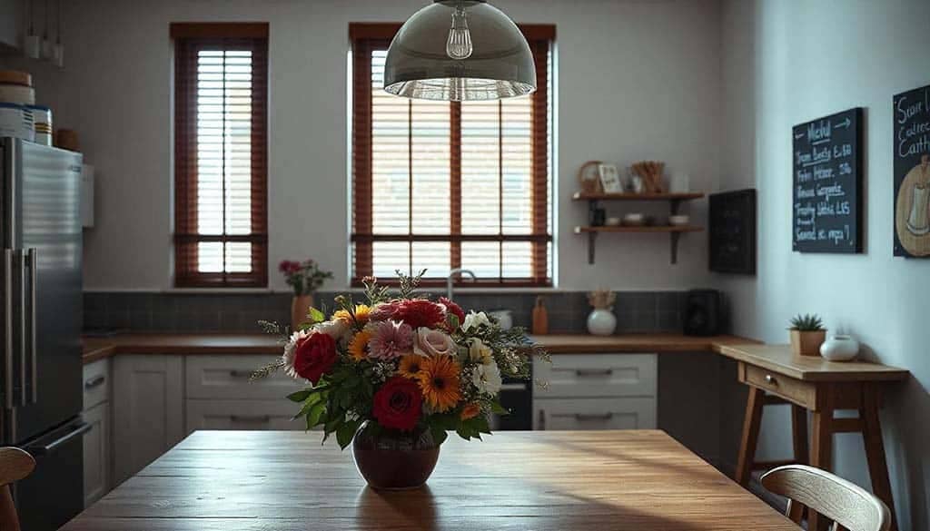 آشپزخانه با دکور طرح چوب با پرده کرکره های چوبی قهوه ای