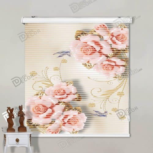 پرده زبرا تصویری کد 3DF-090 با گل های رز سه بعدی گلبهی رنگ با برگ و ساقه طلائی و زمینه کرم