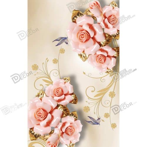 پرده زبرا تصویری کد 3DF-090 با گل های رز سه بعدی گلبهی رنگ با برگ و ساقه طلائی و زمینه کرم