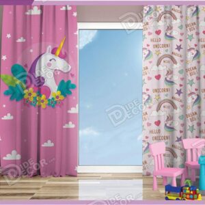 پرده پانچ کودک کد K-07 به رنگ صورتی و با تصویر اسب تکشاخ سفید ( یونیکورن unicorn تک شاخ ) و رنگین کمان , مناسب اتاق خواب دخترانه