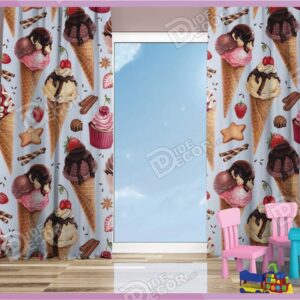 پرده پانچ کودک کد K-100 با تصویر چند مدل بستنی قیفی و کاسه ای با طعم های شکلاتی و توت فرنگی و آلبالو