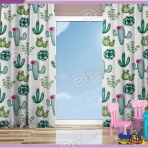 پرده پانچ کودک کد K-103 با زمینه رنگ سفید و با تصویر کاکتوس های سبز بوده و برای اتاق خواب پسرانه و دخترانه مناسب