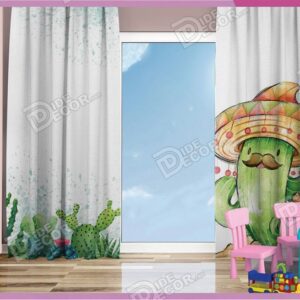 پرده پانچ کودک کد K-105 به رنگ سفید و با طرح درخت کاکتوس سیبیلو خندان سبز رنگ که کلاه مکزیکی بر سر دارد می باشد