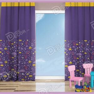 پرده پانچ کودک کد K-107 به رنگ بنفش و زرد و با طرح ابر های کوچک رنگ بوده و مناسب اتاق خواب دخترانه و پسرانه است