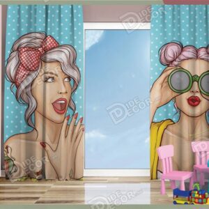 پرده پانچ کودک رنگ آبی تصویر چهره دو دختر و زن K-111