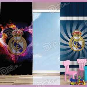 پرده پانچ کودک کد K-116 مناسب اتاق خواب پسرانه بوده و با تصویر علامت تیم فوتبال باشگاه رئال مادرید Real Madrid است