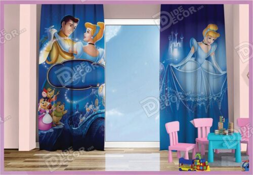 پرده پانچ کودک کد K-12 به رنگ آبی تیره و با تصویری از دومین پرنسس والت دیزنی به نام سیندرلا Cinderella در حال رقصیدن با شاهزاده