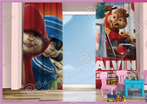 پرده پانچ کودک کد K-30 با تصویری از انیمیشن کارتونی آلوین و سنجاب ها Alvin and the Chipmunks با لباس قرمز می باشد
