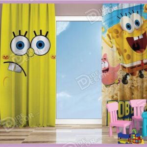 پرده پانچ کودک کد K-32 با تصویر انیمیشن کارتونی باب اسفنجی زرد رنگ Sponge Bob و مناسب اتاق خواب پسرانه و دخترانه می باشد