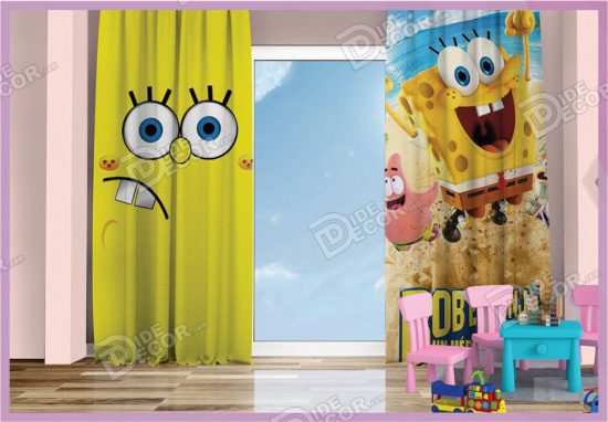 پرده پانچ کودک کد K-32 با تصویر انیمیشن کارتونی باب اسفنجی زرد رنگ Sponge Bob و مناسب اتاق خواب پسرانه و دخترانه می باشد