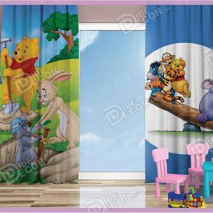 پرده پانچ کودک کد K-38 به رنگ آبی و با تصویر خرس زرد رنگ و الاغ و ببر و فیل و خرگوش در انیمیشن کارتونی وینی پوه Winnie the Pooh