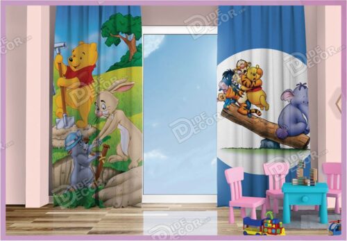 پرده پانچ کودک کد K-38 به رنگ آبی و با تصویر خرس زرد رنگ و الاغ و ببر و فیل و خرگوش در انیمیشن کارتونی وینی پوه Winnie the Pooh