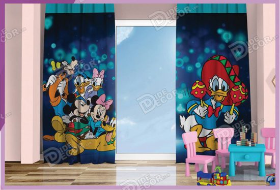 پرده پانچ کودک کد K-46 به رنگ آبی تیره و با تصویر انیمیشن کارتونی دونالد داک Donald Duck و میکی ماوس Mickey Mouse است