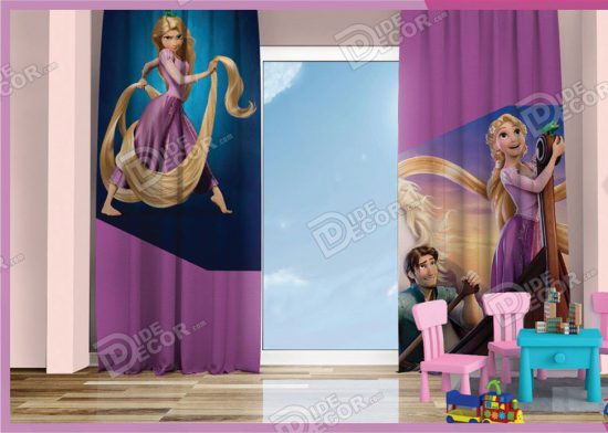 پرده پانچ کودک کد K-57 به رنگ بنفش و با طرح دختر مو بلند طلایی به نام گیسوکمند در انیمیشن کارتونی Tangled بوده و با اسب داخل قایق ایستاده است