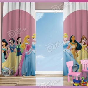 پرده پانچ کودک کد K-75 به رنگ صورتی و با شخصیت های دخترانه انیمیشن های کارتونی سیندرلا و سفید برفی و بل در دیو و دلبر و راپونزل است