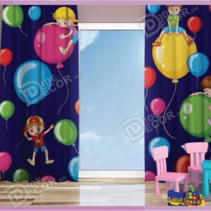 پرده پانچ کودک کد K-77 به رنگ سرمه ای و با تصویر بادکنک های بزرگ زرد و سبز و آبی و صورتی و دختر و پسر بچه ها است