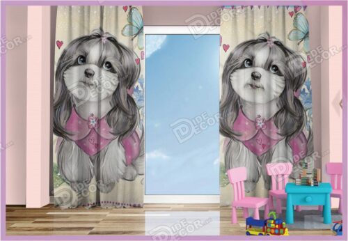 پرده پانچ کودک تصویر نقاشی سگ طوسی پشمالو مناسب اتاق خواب دخترانه و نوزادان پسر K-95
