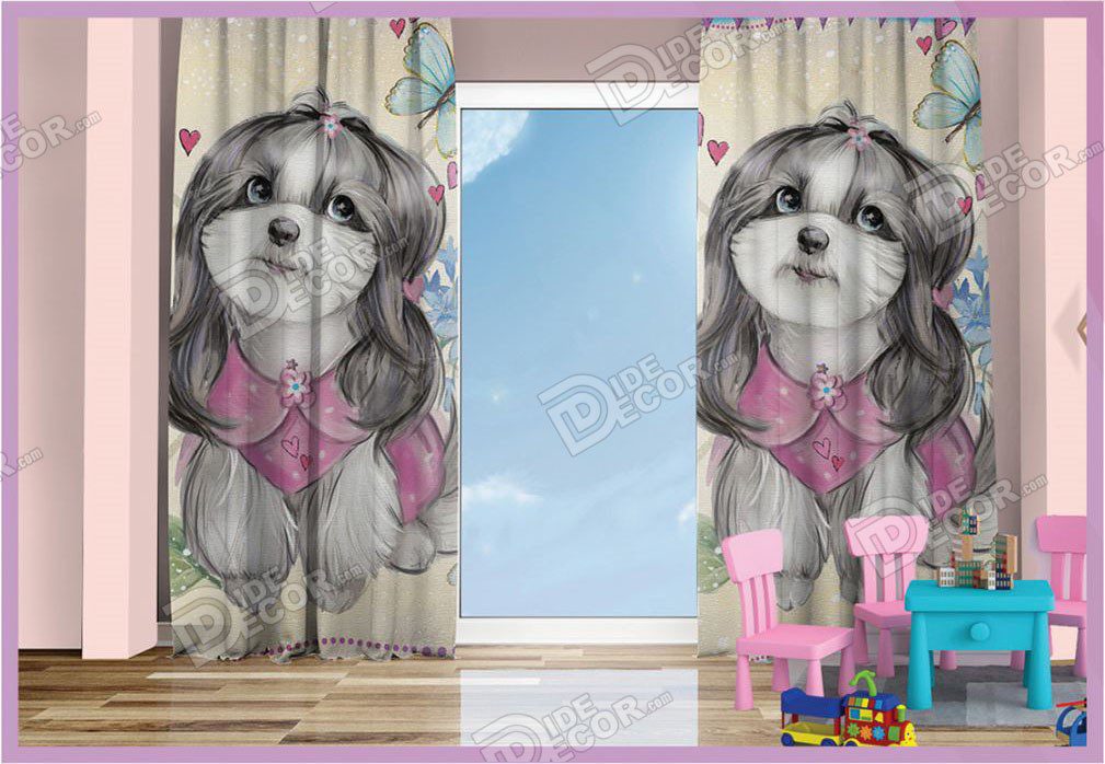 پرده پانچ کودک تصویر نقاشی سگ طوسی پشمالو مناسب اتاق خواب دخترانه و نوزادان پسر K-95