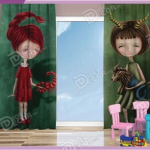 پرده پانچ کودک کد K-97 به رنگ و با تصویر نقاشی دو دختر که نماد ماه های آبان ( عقرب ) و دی ( بز ) در دست دارند می باشد