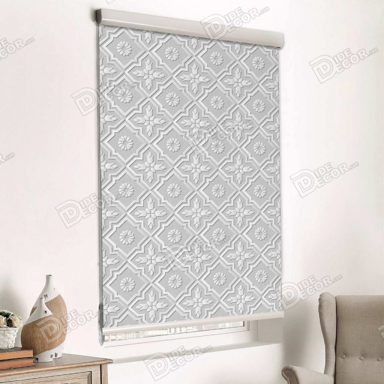 پرده شید کلاسیک کد SES-87 با طرحی از مخطوط اسلیمی به رنگ طوسی بوده و این مدل مناسب پنجره و اوپن آشپزخانه می باشد