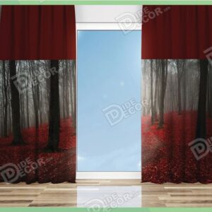 پرده پانچ منظره کد M-118 منظره ای پاییزی از جنگلی با برگ های روی زمین به رنگ قرمز