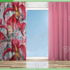 پرده پانچ گلدار صورتی طرح گل زرشکی و قرمز M-121