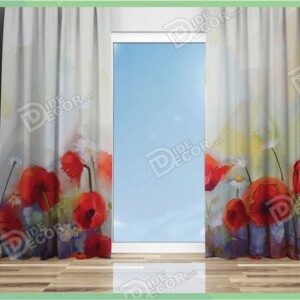 پرده پانچ سفید با گل شقایق قرمز M-124
