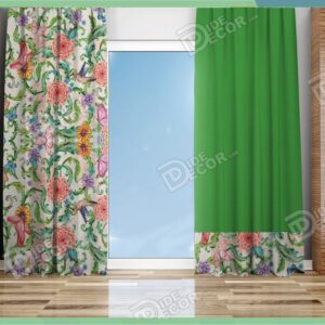 پرده پانچ سبز با گل و پروانه و پرنده M-135