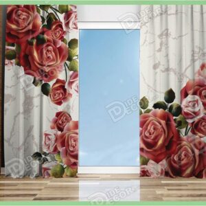 پرده پانچ گل دار کد M-143 دارای طرح گلهای رز درشت و زمینه رنگ سفید