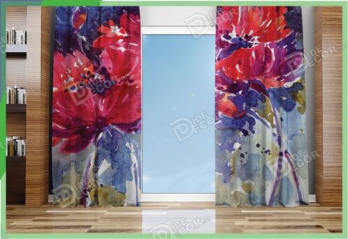 پرده پانچ نقاشی گل قرمز و آبی M-145
